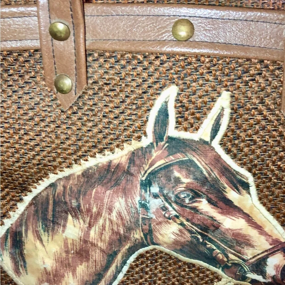 Woven vintage hardbody Brown bucket Tote Bag with Horse Motif